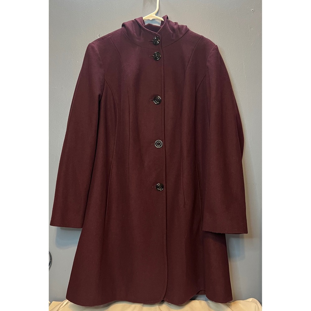 London Fog Wool Blend Hooded Swing Coat Plum Purple Women's Size 1X Button Front